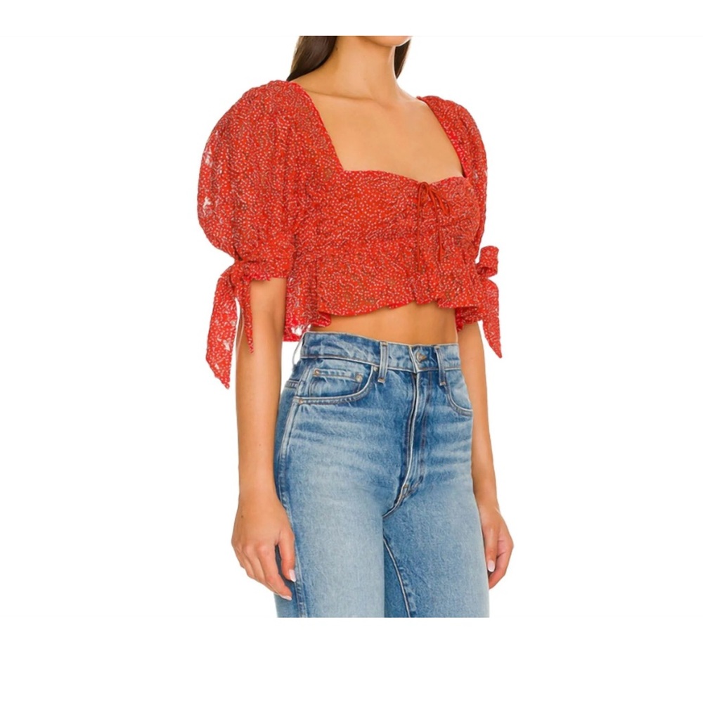 For Love And Lemons Leila Red And White Polka Dot Ruffled Crop Blouse in S